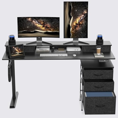 63 Inch Electric Standing Desk with Cabinet & Drawers, Height Adjustable Sit Stand Desk with Monitor Shelf, Smart Home Office Standing Computer Desk, Black - LeafyLoom