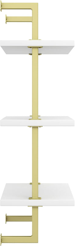 Nathan James Theo 3-Shelf Small Bookcase, Floating Wall Mount Bookshelf with Wood and Industrial Pipe/Metal Frame, White/Brass Gold - LeafyLoom