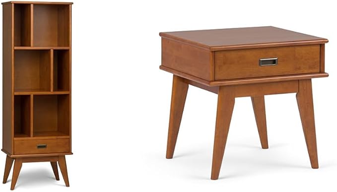 SIMPLIHOME Solid Hardwood 22 Inch Mid Century Bookcase, End Table and Storage Unit Bundle in Teak Brown, 6 Shelves and Drawer - LeafyLoom