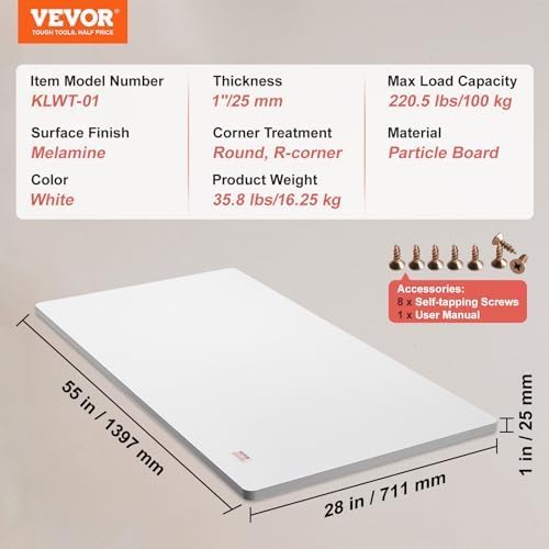 VEVOR One-Piece Particle Board Desktop Universal Tabletop, 55" x 28" x 1", White - LeafyLoom