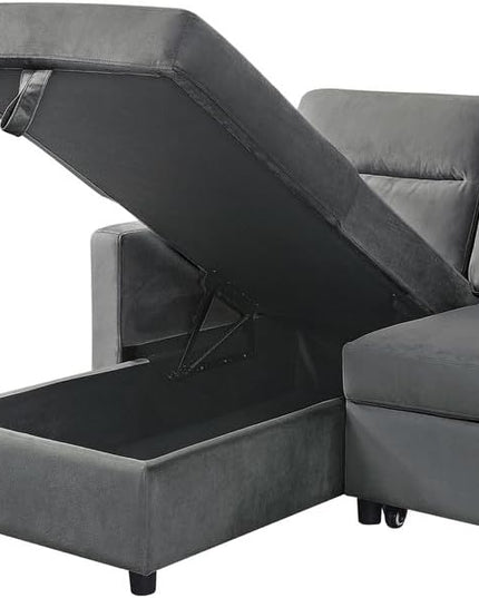 Velvet L-Shaped Sectional Sofa Sleeper with Storage Chaise & Side Pocket, Reversible 3 Seater Corner Couch with Pull Out Bed for Living Room Apartment Small Space, Dark Gray, 81.5 - LeafyLoom