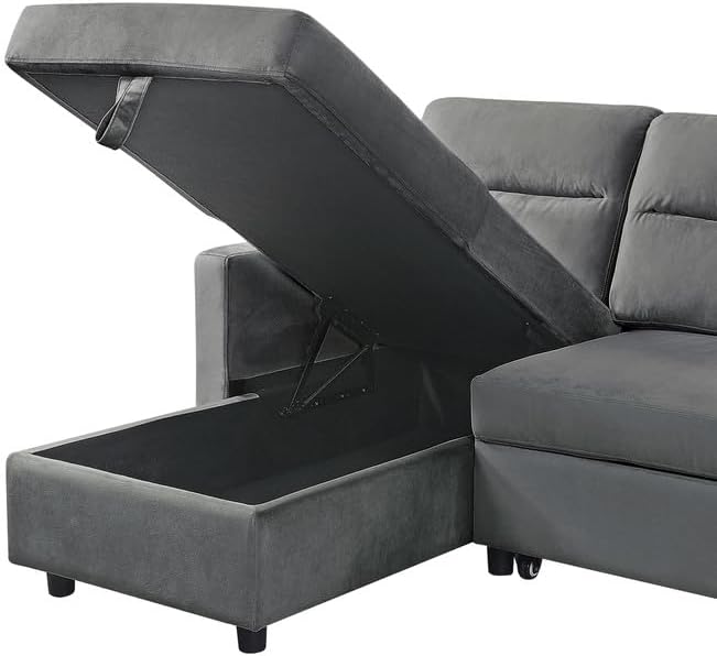 Velvet L-Shaped Sectional Sofa Sleeper with Storage Chaise & Side Pocket, Reversible 3 Seater Corner Couch with Pull Out Bed for Living Room Apartment Small Space, Dark Gray, 81.5 - LeafyLoom