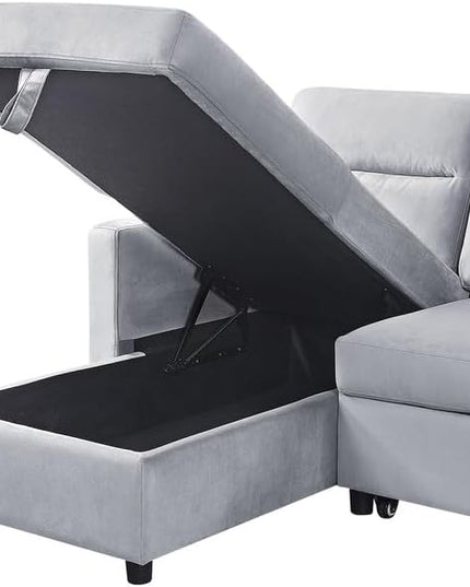 Velvet Reversible Sleeper Sectional Sofa with Storage Chaise and Side Pocket, Pull Out Couch Bed for Living Room, Apartment, Compact Space, Light Gray, 81.5 - LeafyLoom