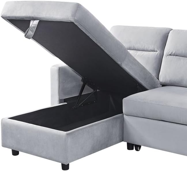 Velvet Reversible Sleeper Sectional Sofa with Storage Chaise and Side Pocket, Pull Out Couch Bed for Living Room, Apartment, Compact Space, Light Gray, 81.5 - LeafyLoom