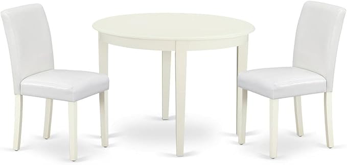 East West Furniture BOAB3-LWH-64 Boston 3 Piece Set Contains a Round Kitchen Table and 2 Faux Leather Parson Dining Room Chairs, Linen White, 42x42 Inch - LeafyLoom