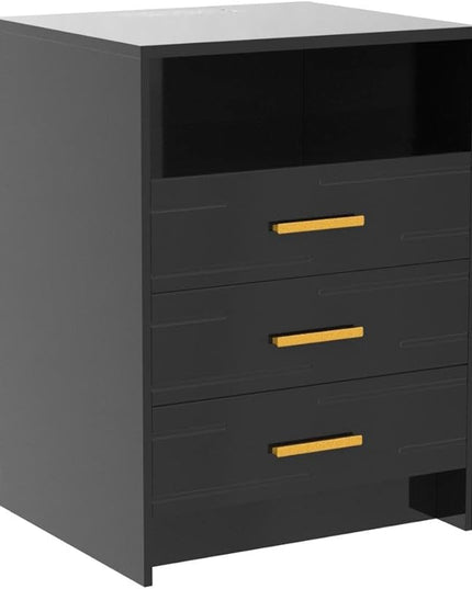 HNEBC Black Nightstand with Wireless Charging Station and Lights, 3 Drawers, Modern Bedside Table with Human Sensor for Bedroom - LeafyLoom