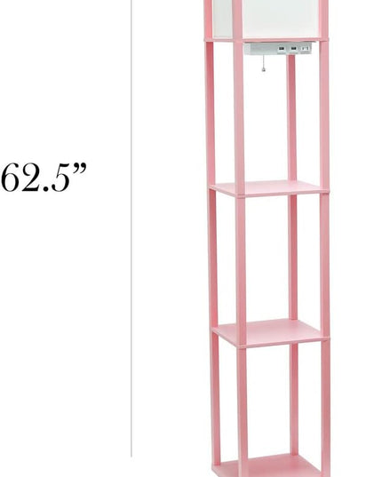 Simple Designs LF1037-LPK Floor Lamp Etagere Organizer Storage Shelf with 2 USB Charging Ports, 1 Charging Outlet and Linen Shade, Light Pink - LeafyLoom