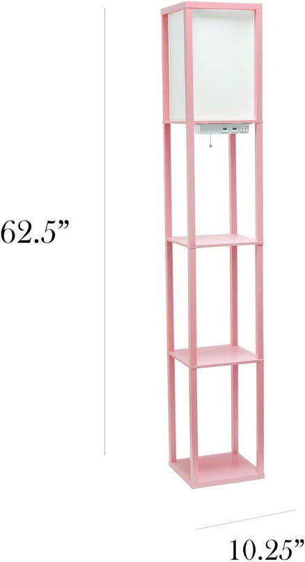 Simple Designs LF1037-LPK Floor Lamp Etagere Organizer Storage Shelf with 2 USB Charging Ports, 1 Charging Outlet and Linen Shade, Light Pink - LeafyLoom