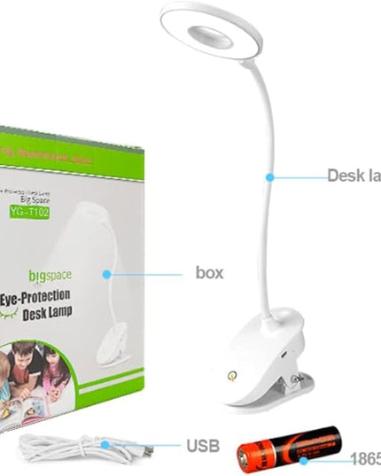 Clip on Lamp,Battery Powered Reading Lamp,Clip on Light for Bed Clip on Battery Light with 3 Brightness Level,USB Rechargeable, Reading Lamp - LeafyLoom