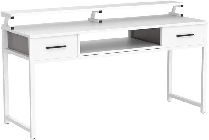 ODK Computer Desk Study Table, 55 Inch Office Desk with Drawers and Keyboard Tray, Study Desk Work Desk with Monitor Shelf, Writing Desk with Storage for Home Office, White - LeafyLoom