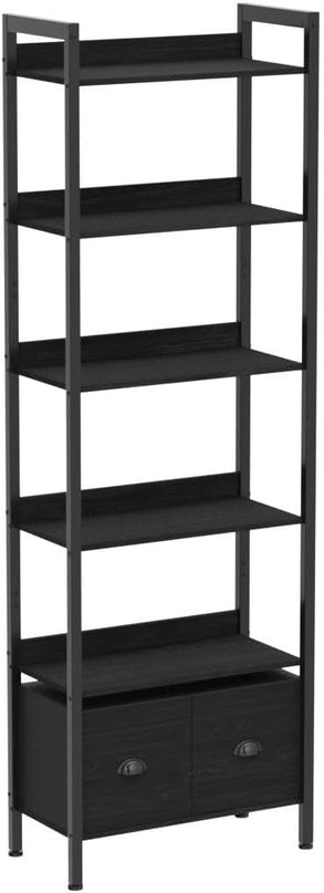 Furologee 6-Tier Bookshelf, Tall Bookcase with 2 Drawers Storage Organizer, Industrial Display Free Standing Shelf Units, Wood and Metal Storage Rack for Home Office, Bedroom, Black Oak - LeafyLoom