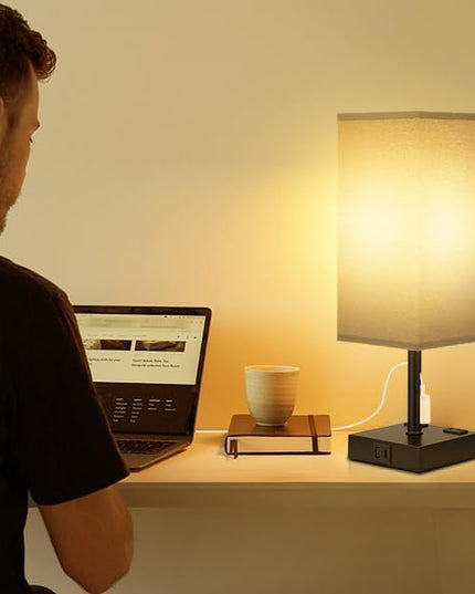 aooshine Black Base Black Shade Set of 2 Touch Lamp with USB Port-Nightstand Lamp with USB-C+A Charge Ports& AC Outlets, 3-Way Dimmable Bedside Lamp, Small Table Lamp for Bedroom(Bulb Included) - LeafyLoom