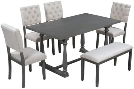 6-Piece Wooden Rectangular Dining Set with 4 Bench, Table with Special-Shaped Legs, Four Fabric Upholstered Tufted Chairs,Modern Industrial Style (Gray) - LeafyLoom