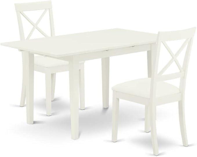 East West Furniture NOBO3-WHI-LC 3 Piece Kitchen Set Contains a Rectangle Table with Butterfly Leaf and 2 Faux Leather Dining Room Chairs, 32x54 Inch - LeafyLoom