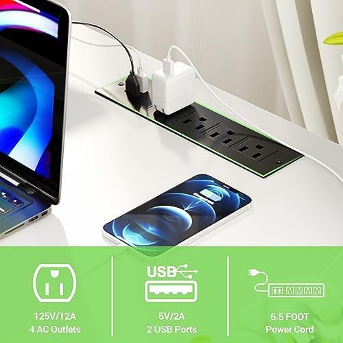 Unikito Reversible L Shaped Desk with Power Outlets and Smart LED Light, 55 Inch Computer Office Desk, Unique Grid Design, Corner Writing Gaming Table with Monitor Stand and Storage Shelf, White - LeafyLoom