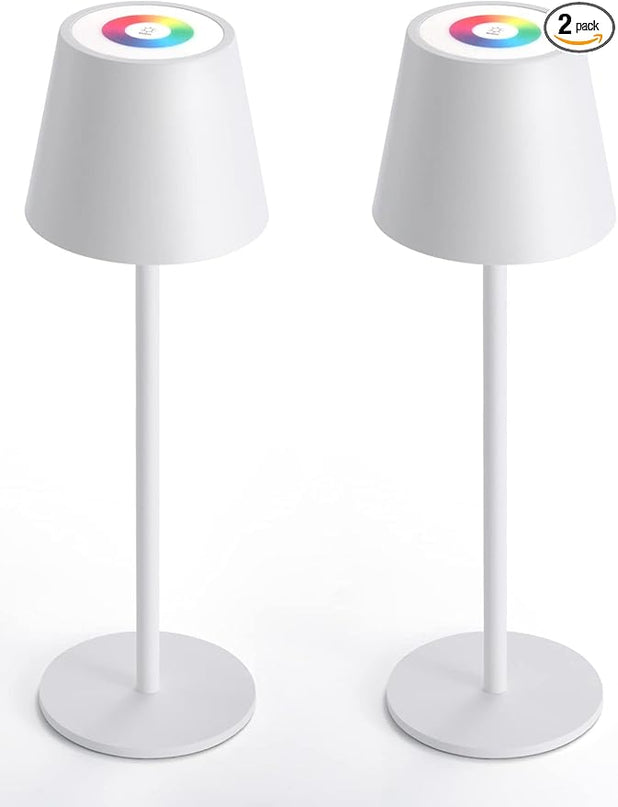 Maksone 2 pack RGB Cordless Table Lamp, 6600mWh Rechargeable Battery Desk Lamp, 3000K Stepless Dimming and Led Color Changing Night Light, IP54 Waterproof Outdoor Portable Lamp for Patio (White) - LeafyLoom