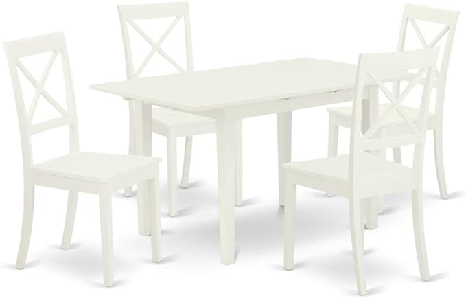East West Furniture NOBO5-WHI-W 5 Piece Dining Set for 4 Includes a Rectangle Kitchen Table with Butterfly Leaf and 4 Dinette Chairs, 32x54 Inch - LeafyLoom