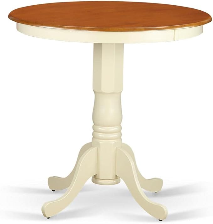 East West Furniture JAQU3-WHI-W 3 Piece Counter Height Dining Table Set Contains a Round Wooden Table with Pedestal and 2 Kitchen Dining Chairs, 36x36 Inch, Buttermilk & Cherry - LeafyLoom