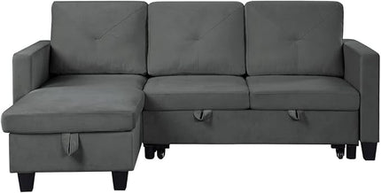 L-Shape Convertible Sleeper Sectional Sofa, with Storage Chaise & Pull-Out Bed, 82.5" Linen Upholstered Reversible Corner 3 Person Couch, Button Tufted Backrest, for Apartment - Dark Gray - LeafyLoom