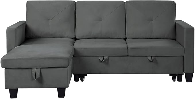 Reversible Velvet Sectional Couch with Storage Chaise, L-Shaped 3 Seater Corner Sleeper Pull Out Sofa Bed for Living Room Apartment Small Space, Dark Gray, 82.5 - LeafyLoom