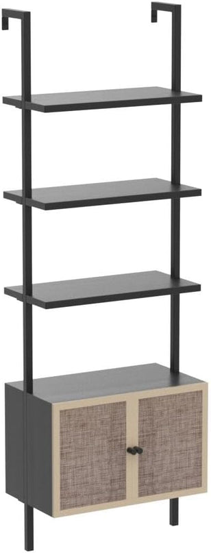 Nathan James Theo Modern Bookcase with Rattan Cabinet in Matte Black and Light Oak Finish with Matte Black Metal Frame for Living Room, Home Office Storage - LeafyLoom