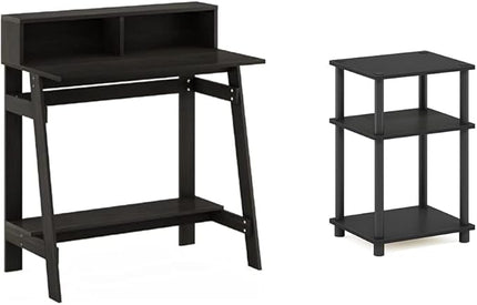 Furinno Simplistic a Frame Computer Desk, Espresso & Just 3-Tier Turn-N-Tube End Table/Side Table/Night Stand/Bedside Table with Plastic Poles, 1-Pack, Americano/Black - LeafyLoom