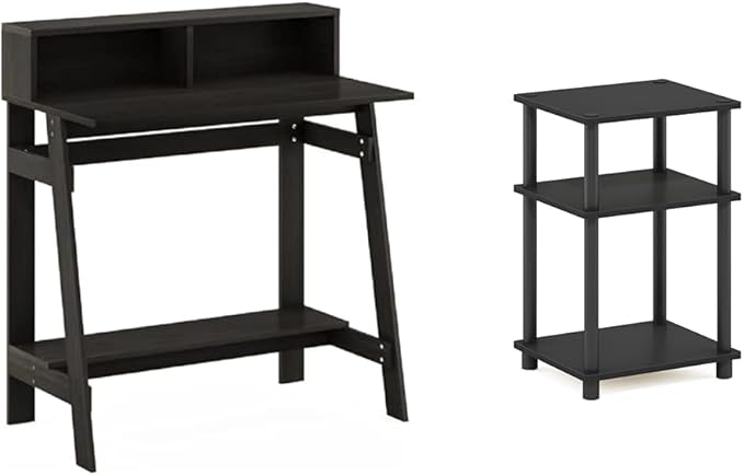 Furinno Simplistic a Frame Computer Desk, Espresso & Just 3-Tier Turn-N-Tube End Table/Side Table/Night Stand/Bedside Table with Plastic Poles, 1-Pack, Americano/Black - LeafyLoom