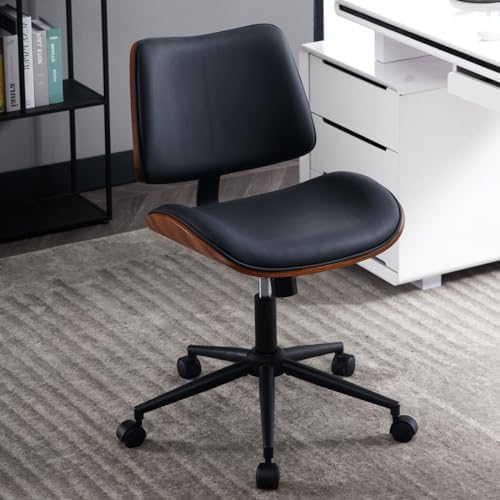 Armless Home Office Chair Modern Walnut Chair with Wheels Mid Back Swivel Computer Chair No arm Adjustable Height Leather Desk Chair for Reading,Meeting Room (Pure Black) - LeafyLoom