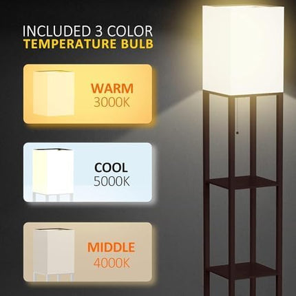 PAZZO Floor Lamp with Shelves by Solid Wood, Modern Shelf Floor Lamp with 3 Color Temperature, Linen Lampshade and Storage Shelves for Living Room, Bedroom, Bulb Included(Brown) - LeafyLoom