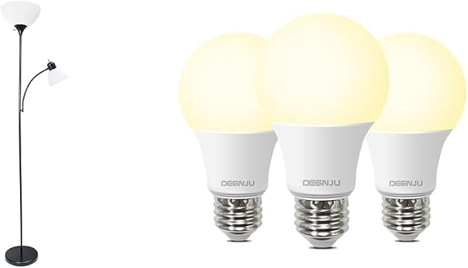 Simple Designs Floor Lamp with Reading Light & DEGNJU LED Light Bulbs, 60W Equivalent, Soft White 2700K, 3 Pack - LeafyLoom