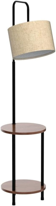 ELYONA Modern Floor Lamp with End Table, Rubber Wood Bedside Table Lamp with Adjustable Drum Shade, Rustic Tall Pole Shelf Reading Standing Light for Farmhouse Bedroom, Living Room, Office - Walnut - LeafyLoom
