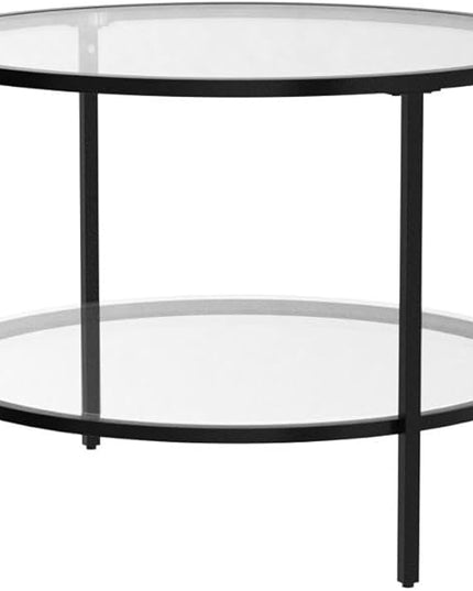 VINGLI 25.6" Round Black Coffee Tables for Living Room, 2-Tier Glass Top Coffee Table with Storage Clear Coffee, Simple & Modern Center Table for Small Space - LeafyLoom