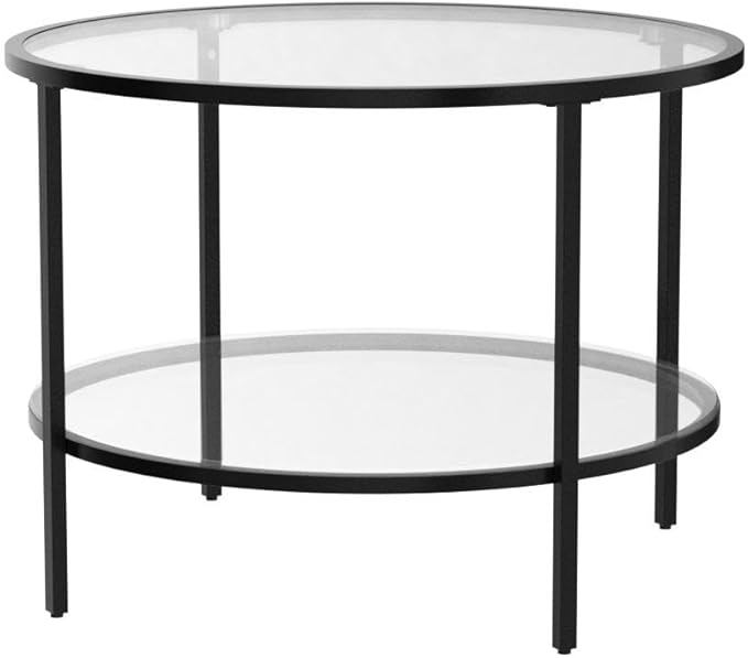 VINGLI 25.6" Round Black Coffee Tables for Living Room, 2-Tier Glass Top Coffee Table with Storage Clear Coffee, Simple & Modern Center Table for Small Space - LeafyLoom