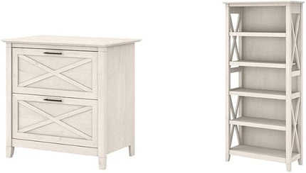 Bush Furniture Key West 2 Lateral File Cabinet | Document Storage & Key West Bookcase Shelf in Linen White Oak | Farmhouse Bookshelf Display Cabinet - LeafyLoom