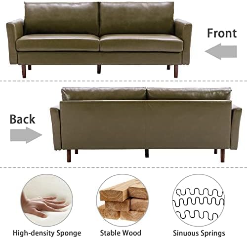 Dreamsir 80'' Faux Leather Sofa Couch, Mid-Century Modern Sofa with Solid Wooden Frame & Padded Cushions, 3-Seater Couch for Living Room, Apartment, Lounge Room (Green) - LeafyLoom