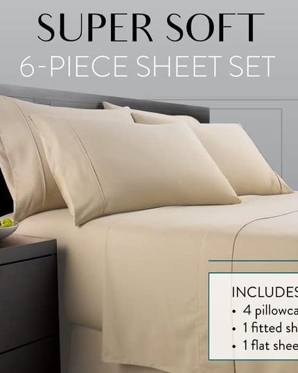 Danjor Linens King Size Sheets Set - 6 Piece Set Including 4 Pillowcases - Deep Pockets - Breathable, Soft Bed Sheets - Wrinkle Free - Machine Washable - Taupe King Bed Sheets - 6 pc - LeafyLoom