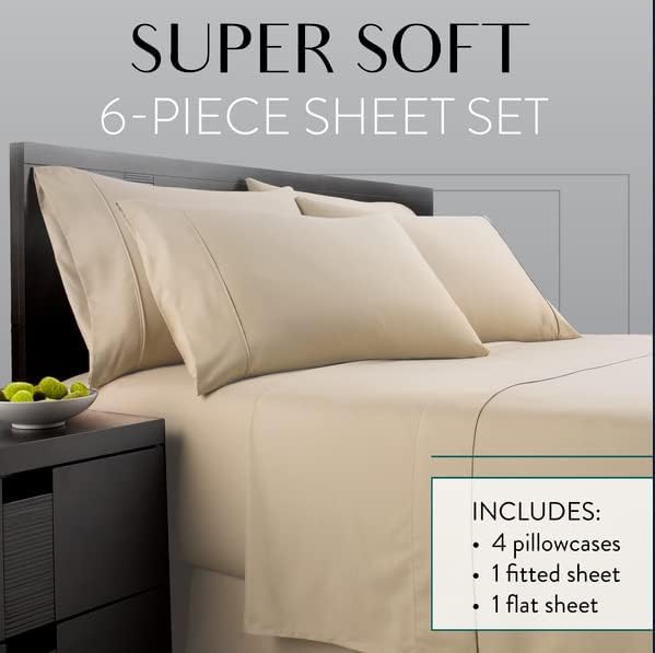 Danjor Linens King Size Sheets Set - 6 Piece Set Including 4 Pillowcases - Deep Pockets - Breathable, Soft Bed Sheets - Wrinkle Free - Machine Washable - Taupe King Bed Sheets - 6 pc - LeafyLoom