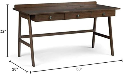 SIMPLIHOME Rylie SOLID WOOD 60 inch Wide Home Office Desk, Writing Table, Workstation, Study Table Furniture in Natural Aged Brown with 3 Drawers - LeafyLoom