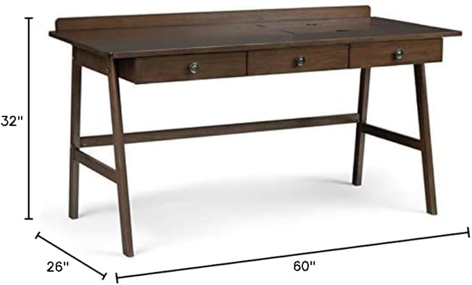 SIMPLIHOME Rylie SOLID WOOD 60 inch Wide Home Office Desk, Writing Table, Workstation, Study Table Furniture in Natural Aged Brown with 3 Drawers - LeafyLoom
