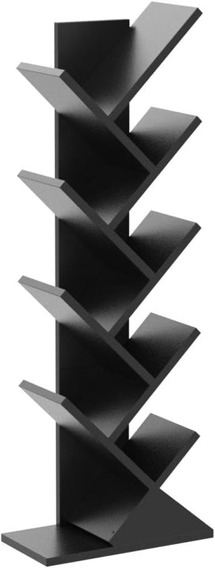 Topfurny Tree Bookshelf, 9-Tier Shelf Rustic Brown Bookcase, Retro Wood Storage Rack for CDs/Movies/Books, Anti-Fall Utility Organizer Shelves for Living Room, Bedroom, Home Office, Black - LeafyLoom