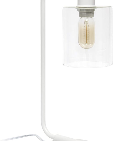 Simple Designs LD1066-WHT Bronson Antique Style Industrial Iron Lantern Desk Bedside Table Lamp with Dual 2 USB Charging Ports and Glass Shade, White - LeafyLoom