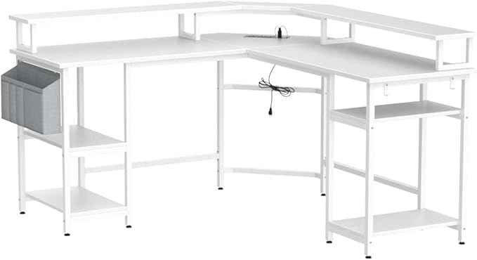 Aheaplus L Shaped Gaming Desk with Power Outlets & LED Lights, Computer Corner Desk with Monitor Stand and Storage Shelf, Home Office Writing Desk with Storage Bag, White - LeafyLoom