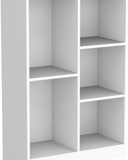 IOTXY Open Shelf Low Bookcase - Wooden 3-Tier Floor Standing Display Cabinet Organizer with Base, 5 Cubes Short Horizontal Bookshelf in Warm White - LeafyLoom