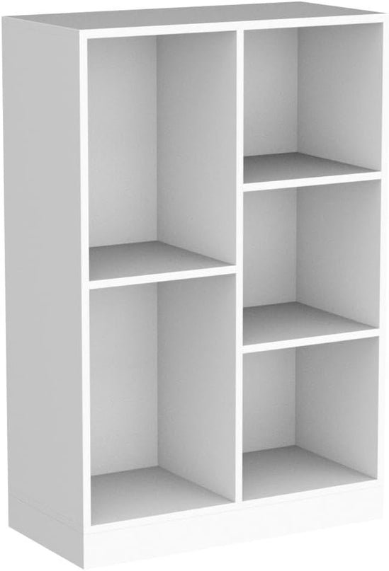 IOTXY Open Shelf Low Bookcase - Wooden 3-Tier Floor Standing Display Cabinet Organizer with Base, 5 Cubes Short Horizontal Bookshelf in Warm White - LeafyLoom