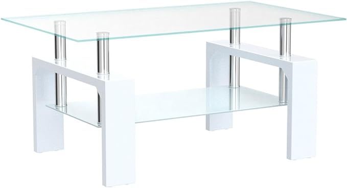 Living Room Rectangle Coffee Table, Tea Table Suitable for Waiting Room, Modern Side Coffee Table with Wooden Leg, Glass Tabletop with Lower Shelf, 39.5*23.5*17.5 inches , White - LeafyLoom