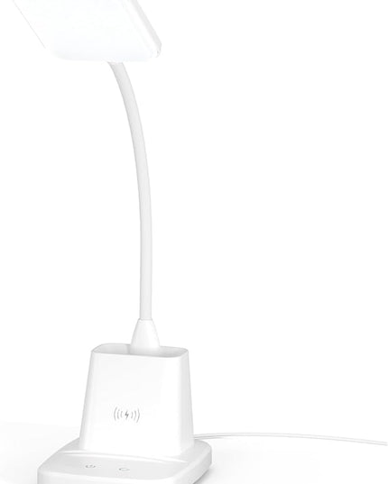 Sailstar Upgraded LED Desk Lamp with Wireless Charger, White Small Desk Light with Pen Holder, 3 Color Modes, CRI 85, 800 Lumen, Study Lamps for College Dorm Room, Home Office, Adapter Included - LeafyLoom