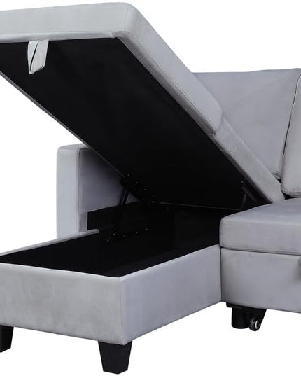 RITSU L Shaped Middle Century Velvet Sectional Sofa, with Storage Chaise Longue, Easy to Assemble, Pull Out Corner Couch w/Bed, Suitable for Living Room, Apartment, Light Gray, 82.5inch - LeafyLoom