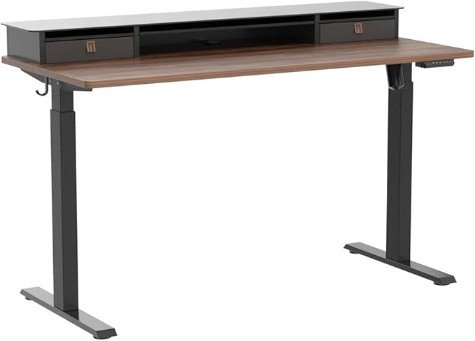 FEZIBO 55 x 24 Inch Height Adjustable Glass Electric Standing Desk with Double Drawer, Stand Up Desk with Storage Shelf, Sit Stand Desk, Black Walnut - LeafyLoom