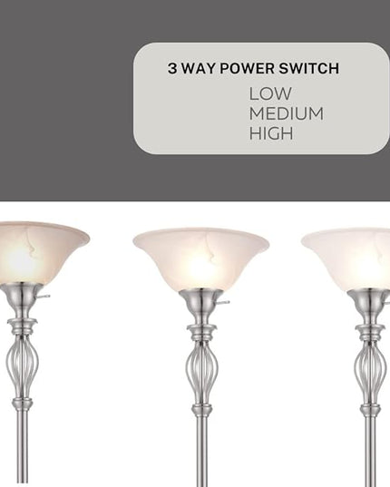 LIGHTACCENTS Silver Floor Lamp for Living Room with White Alabaster Glass Shade - Stand Up Torchiere Lamp - Durable Iron Scrollwork - Brushed Nickel Pole Lamp - Elegant Floor Lamp for Bedrooms - LeafyLoom