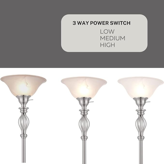 LIGHTACCENTS Silver Floor Lamp for Living Room with White Alabaster Glass Shade - Stand Up Torchiere Lamp - Durable Iron Scrollwork - Brushed Nickel Pole Lamp - Elegant Floor Lamp for Bedrooms - LeafyLoom